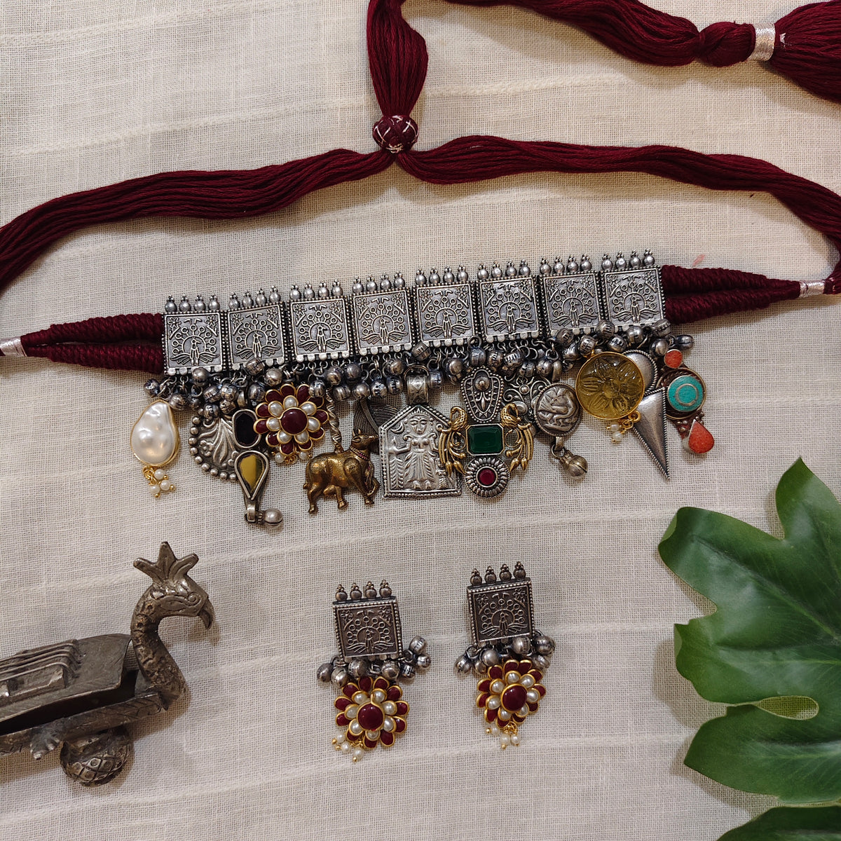 Beautiful Designer Charms Mix Statement Choker With Earrings