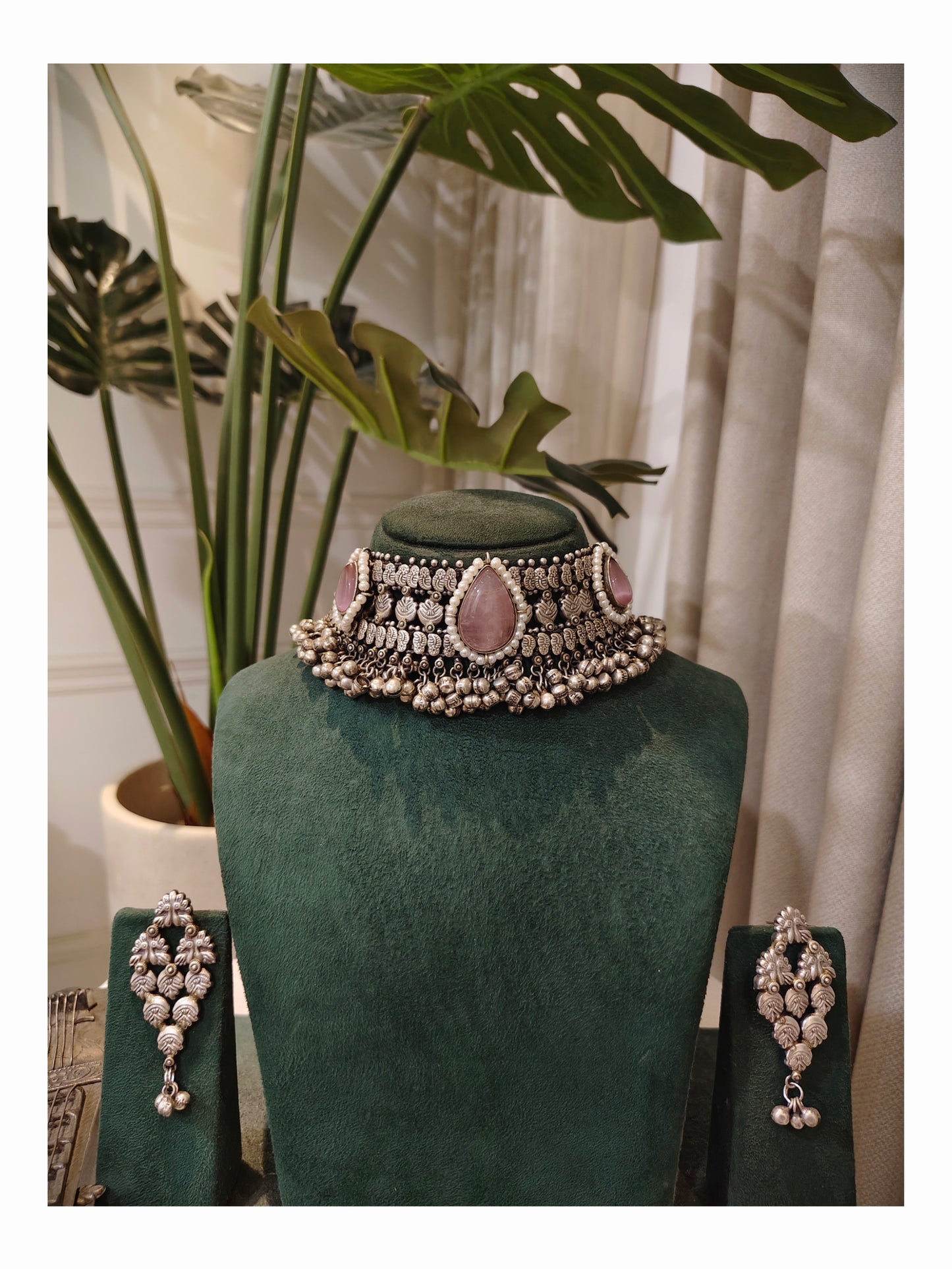 Beautiful Designer Stone Embedded Choker With Earrings