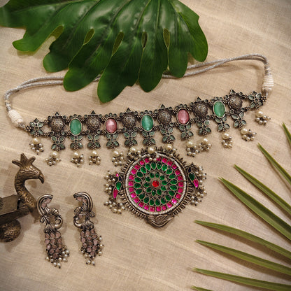 Beautiful Designer Stone Embedded Choker Pendant With Earrings