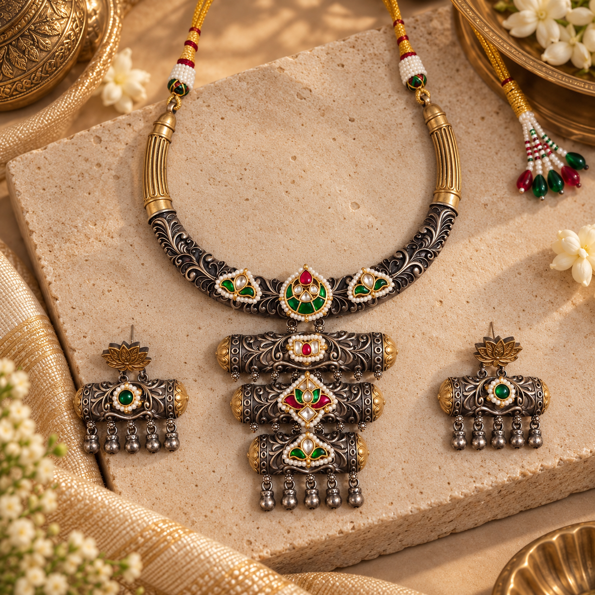 Beautiful Designer Dual Tone Ahemdabadi Kundan Detailing Neckpiece With Earrings