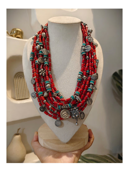 Beautiful Designer Coral Beads With Charms Mix Layered Chunky Gypsy Necklace