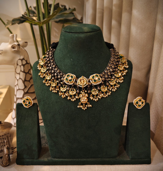 Beautiful Designer Kundan Detailing And Latkan Neckpiece With Matching Kundan Studs