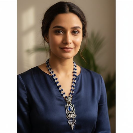 Beautiful Designer Stone Embedded Pendant Long Beaded Necklace