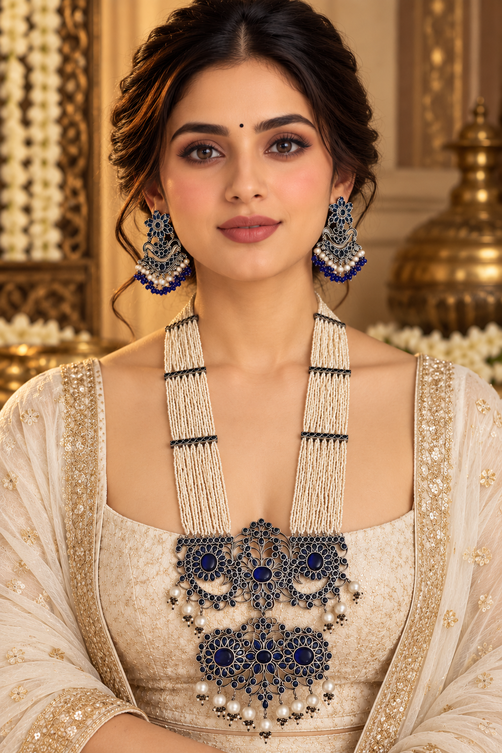 Beautiful Designer Huge Stone Embedded Pendant Chidd Mala Necklace With Earrings