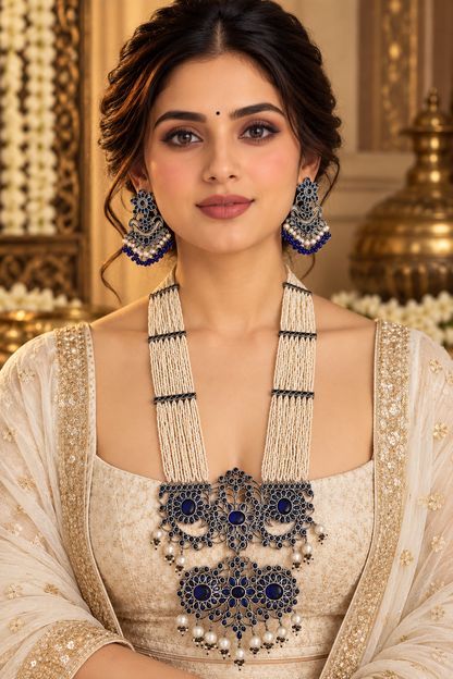 Beautiful Designer Huge Stone Embedded Pendant Chidd Mala Necklace With Earrings