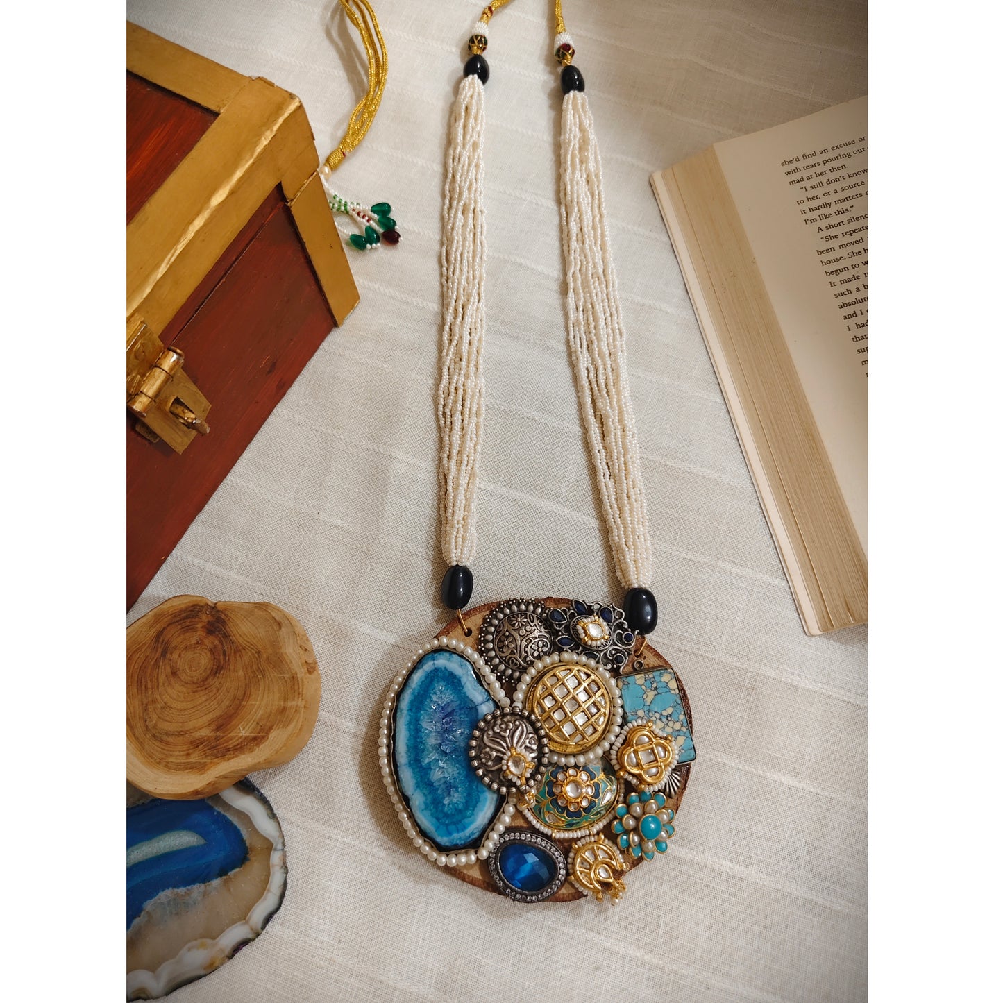 Beautiful Designer Wooden Kundan Detailing Pendant Long Necklace