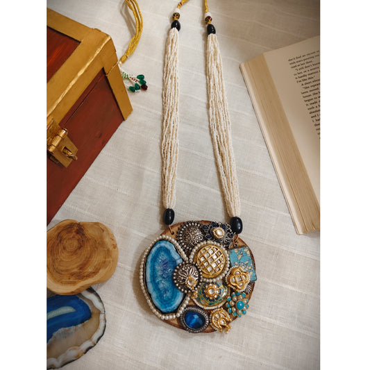 Beautiful Designer Wooden Kundan Detailing Pendant Long Necklace