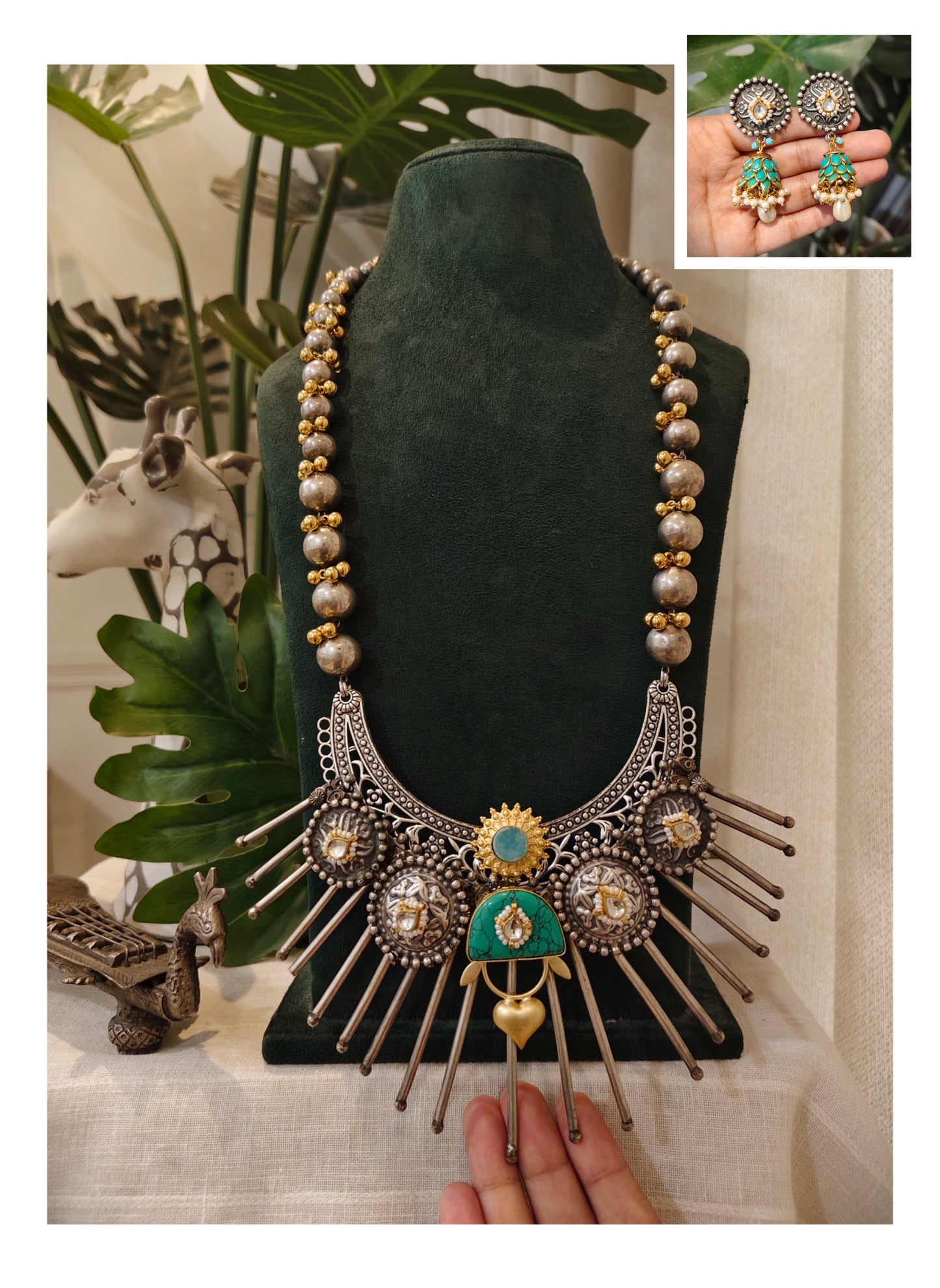 Beautiful Designer Fusion Chaand Spikes Pendant Long Ball Chain With Golden Ghungroo Necklace & Earring