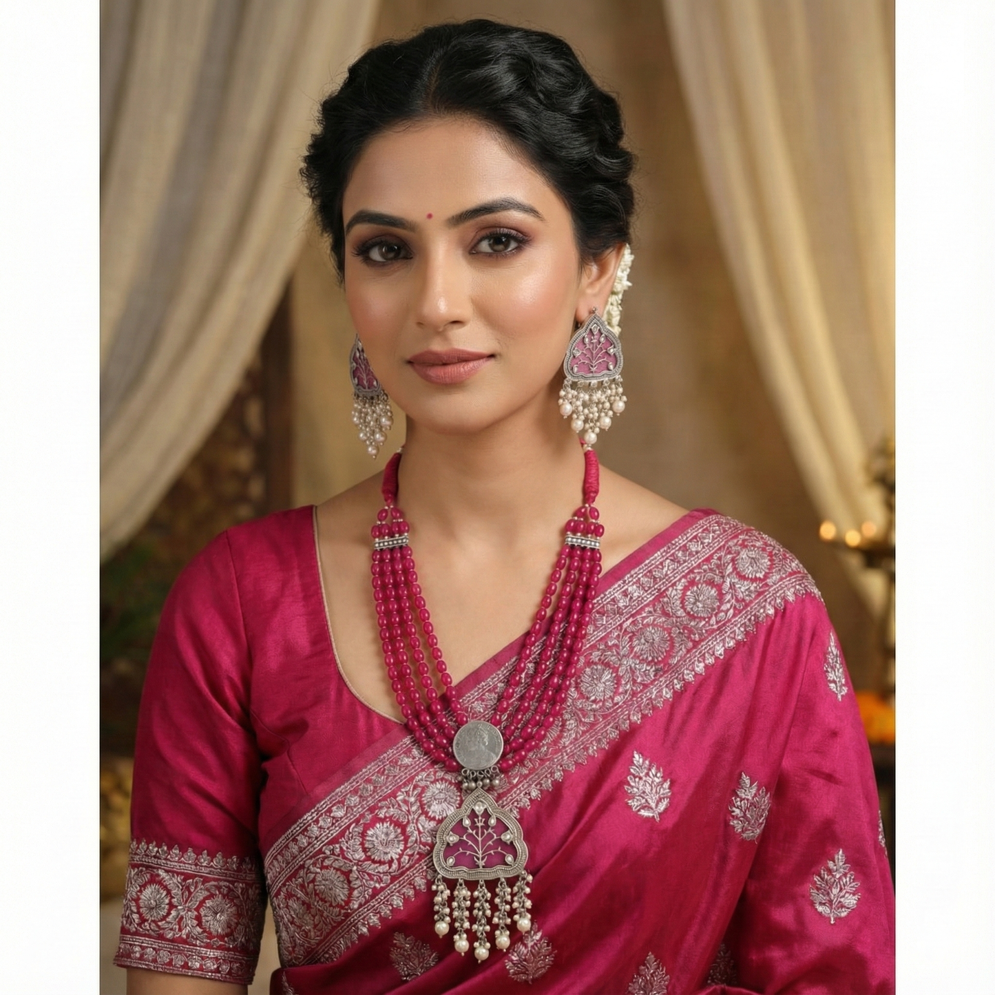 Beautiful Designer Jaal Pendant Layered Beaded Necklace With Earrings