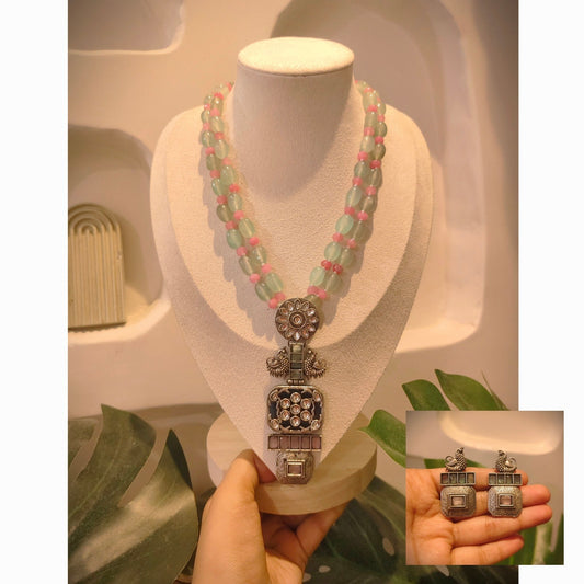 Beautiful Designer Stone Embedded Long Pendant Necklace With Earrings