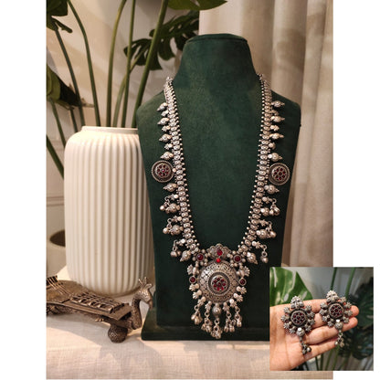 Beautiful Designer Stone Embedded Kolhapuri Long Necklace With Earrings