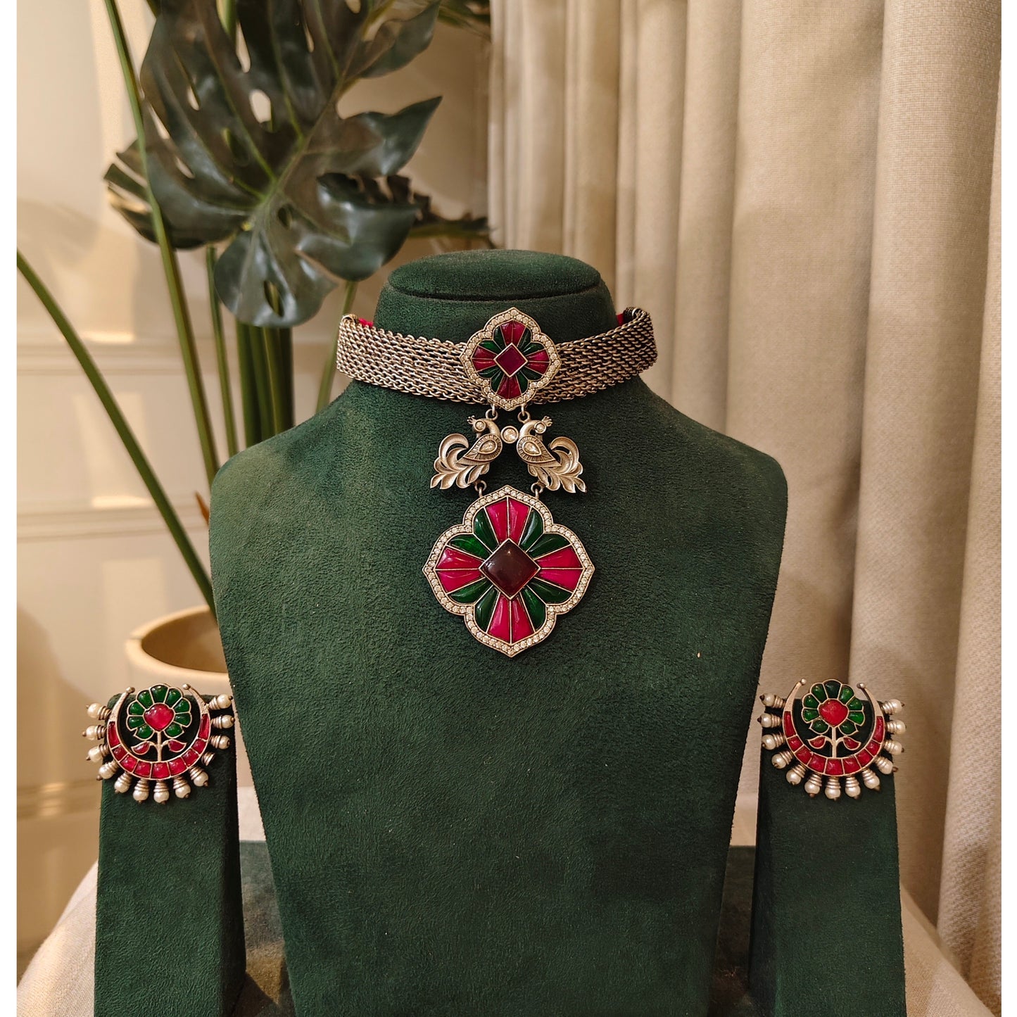 Beautiful Designer Kempstone Peacock Pendant Choker With Earrings