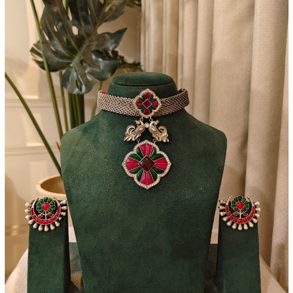 Beautiful Designer Kempstone Peacock Pendant Choker With Earrings