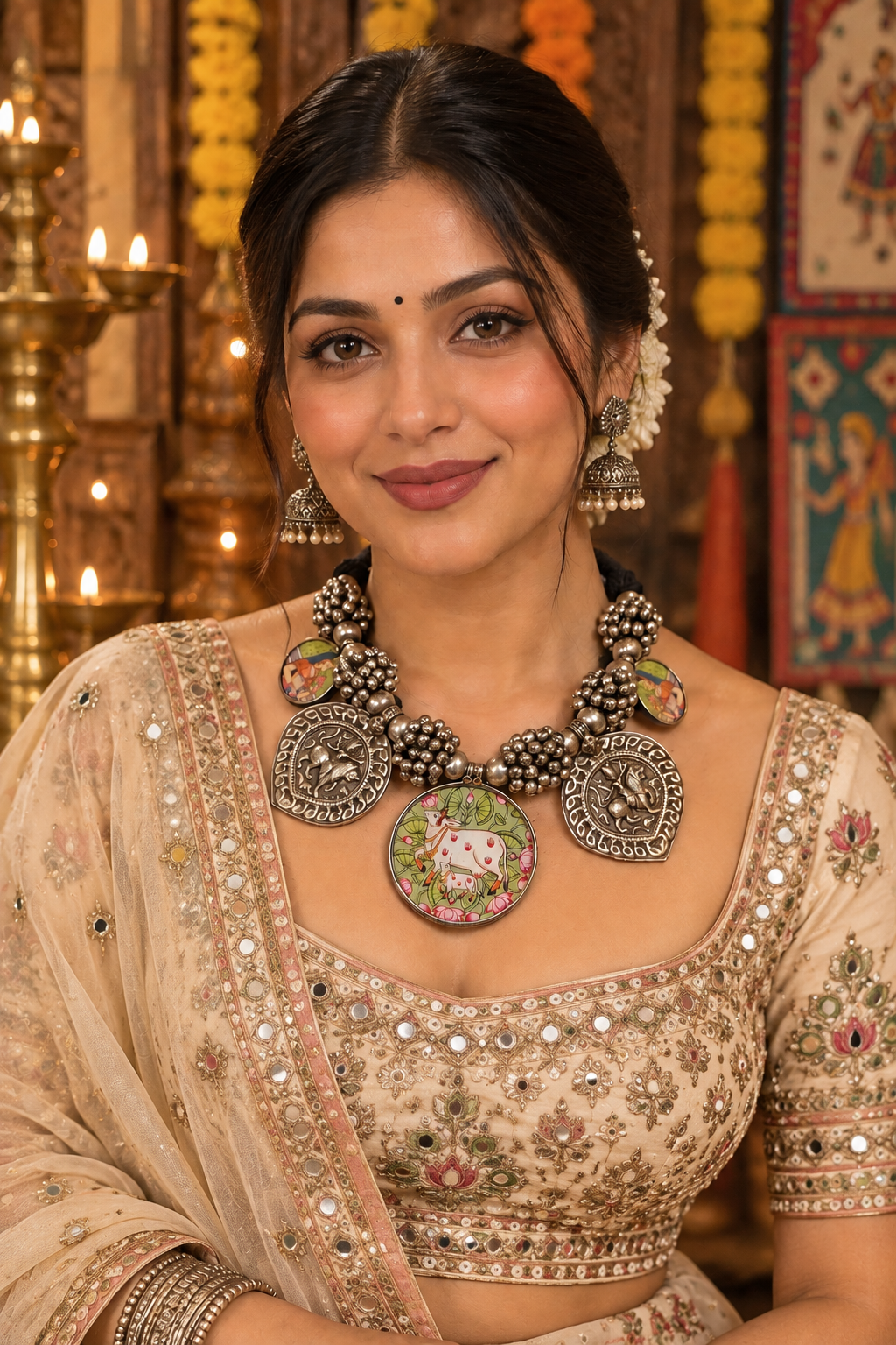 Beautiful Designer Painting Mix Paatri & Ghungroo Gutchha Ball Neckpiece