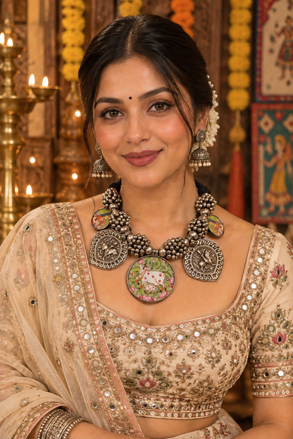 Beautiful Designer Painting Mix Paatri & Ghungroo Gutchha Ball Neckpiece