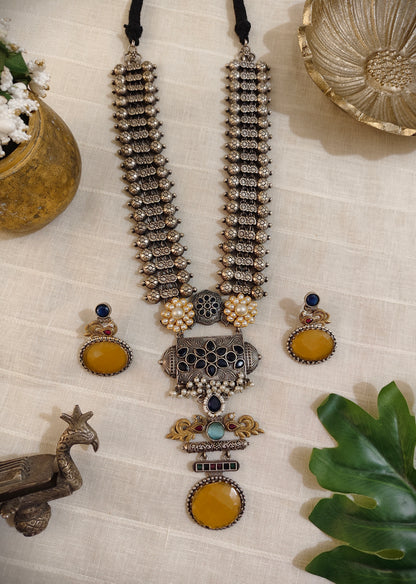 Beautiful Designer Stone Embedded Dual Tone Pendant Long Patta Necklace With Earrings