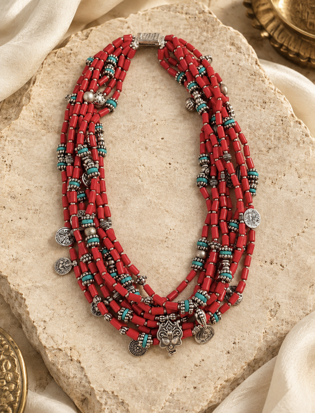 Beautiful Designer Coral Beads With Charms Mix Layered Chunky Gypsy Necklace