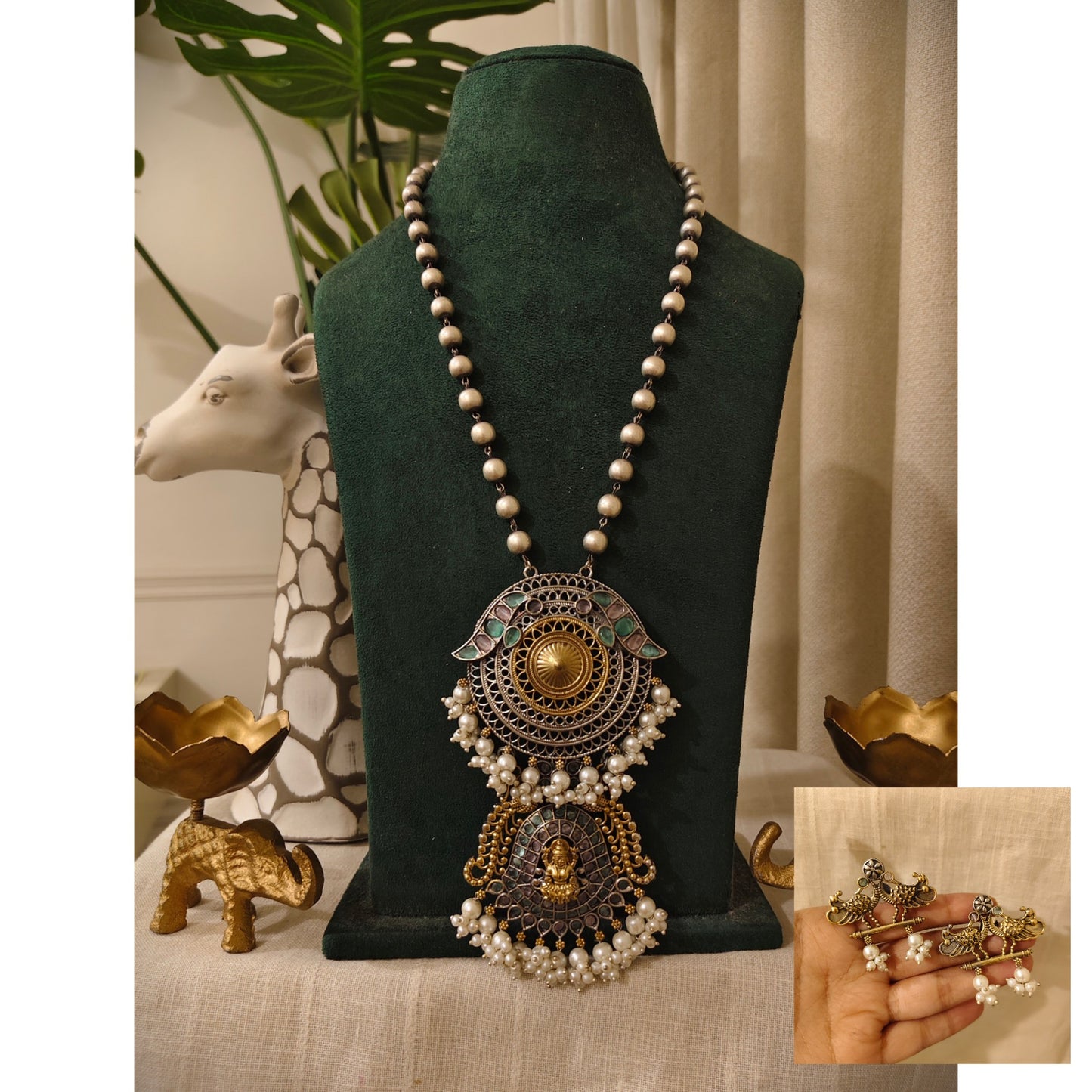 Beautiful Designer Dual Tone Stone Embedded Pendant Necklace With Earrings