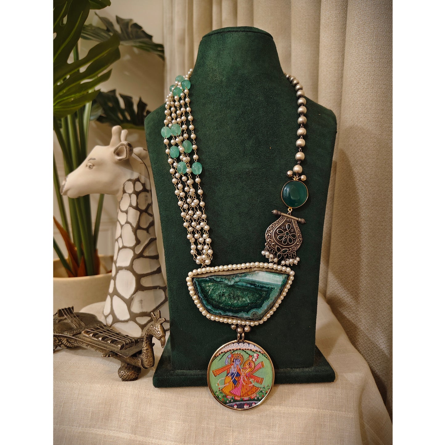Beautiful Designer Painting & Natural Stone Pendant Stylish Mala Long Necklace