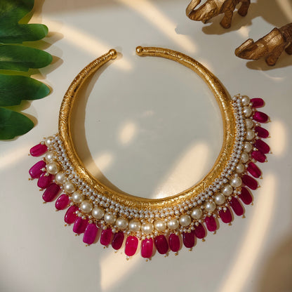 Beautiful Designer Golden Hasli With Moti Work And Pearl + Beads Latkan