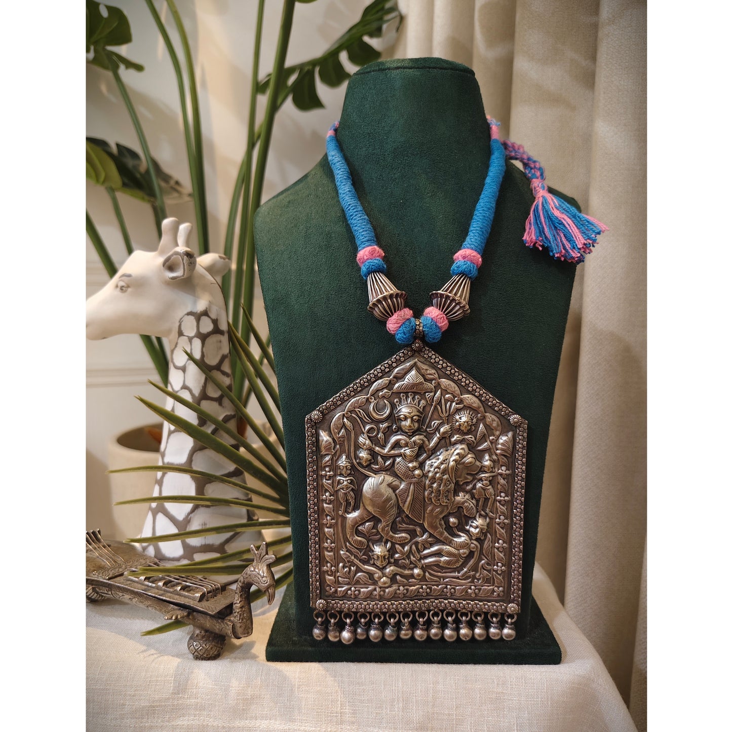 Beautiful Designer Thappa Work Huge Pendant Colorful Dori Necklace