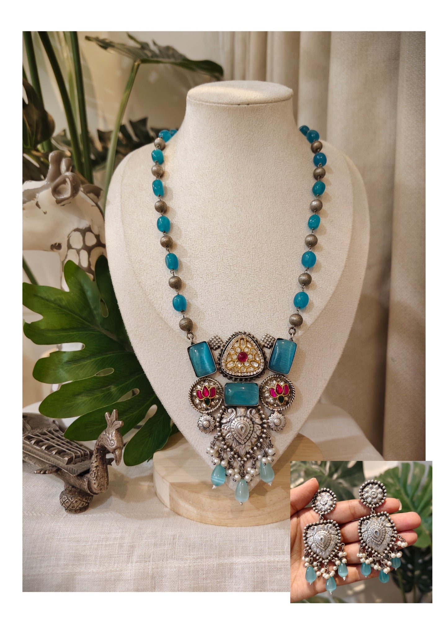 Beautiful Designer Stone Embedded Pendant With Kundan Detailing Beaded Necklace (free earrings)
