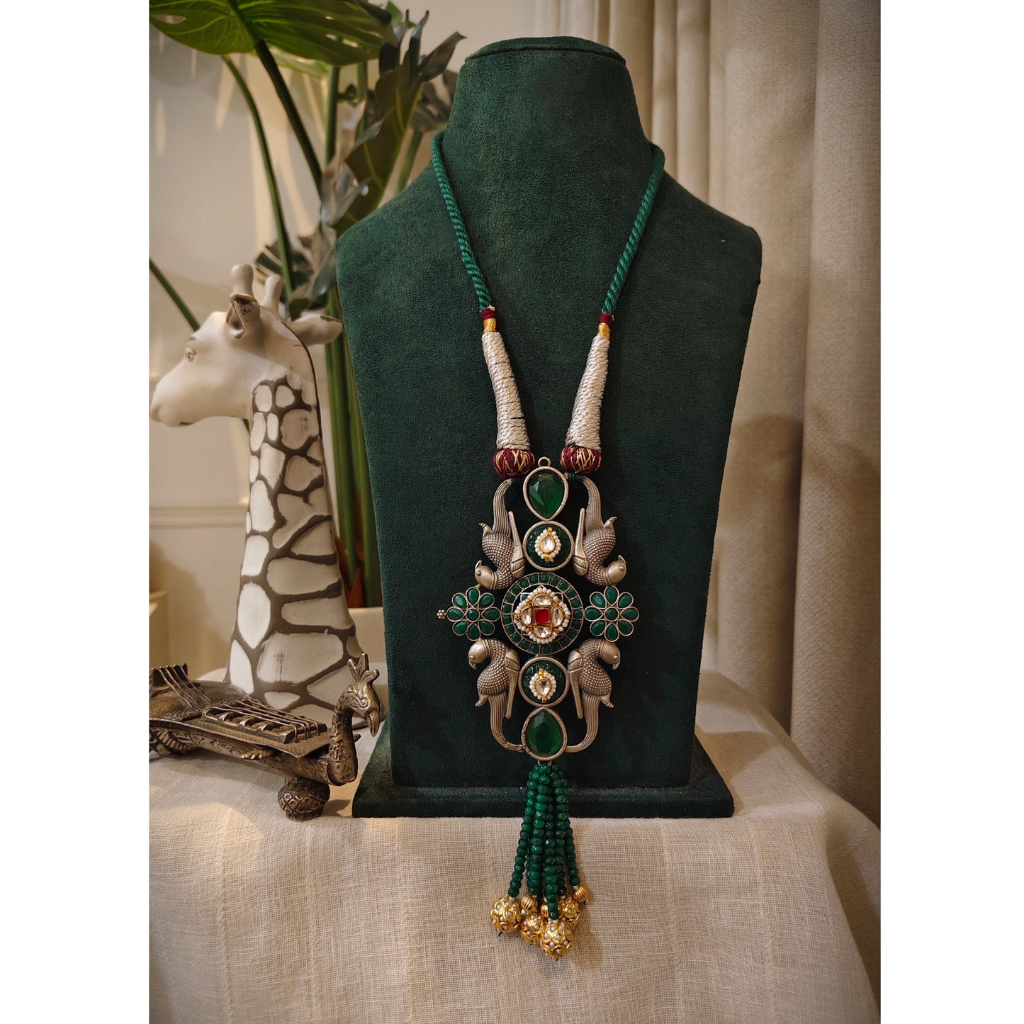 Beautiful Designer Stone Embedded Peacock Pendant Long Necklace
