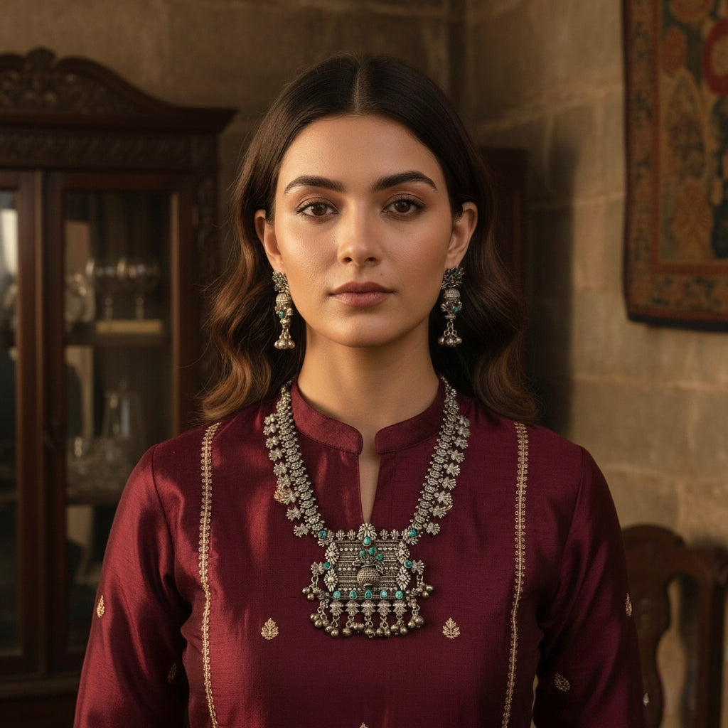 Beautiful Designer Stone Embedded Kolhapuri Necklace With Earrings