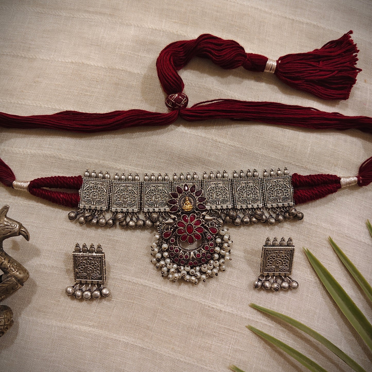 Beautiful Designer Stone Embedded Pendant Choker With Earrings & Handmade Adjustable Dori