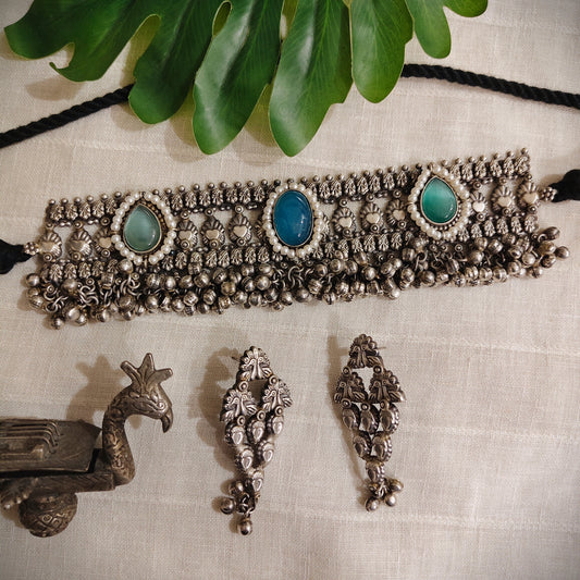 Beautiful Designer Stone Embedded Choker With Earrings