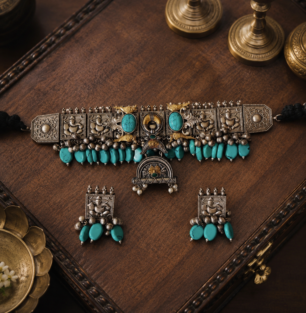 Beautiful Designer Dual Tone Statement Choker With Earrings