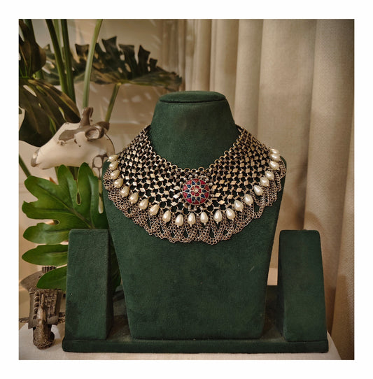 Beautiful Designer Jaal Neckpiece (vintage golden & silver polish)