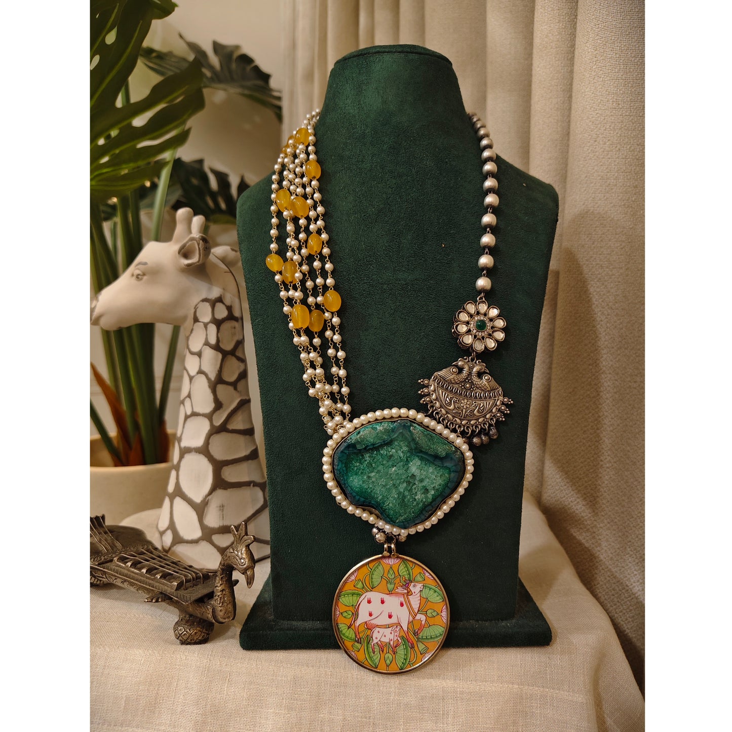 Beautiful Designer Painting & Natural Stone Pendant Stylish Mala Long Necklace