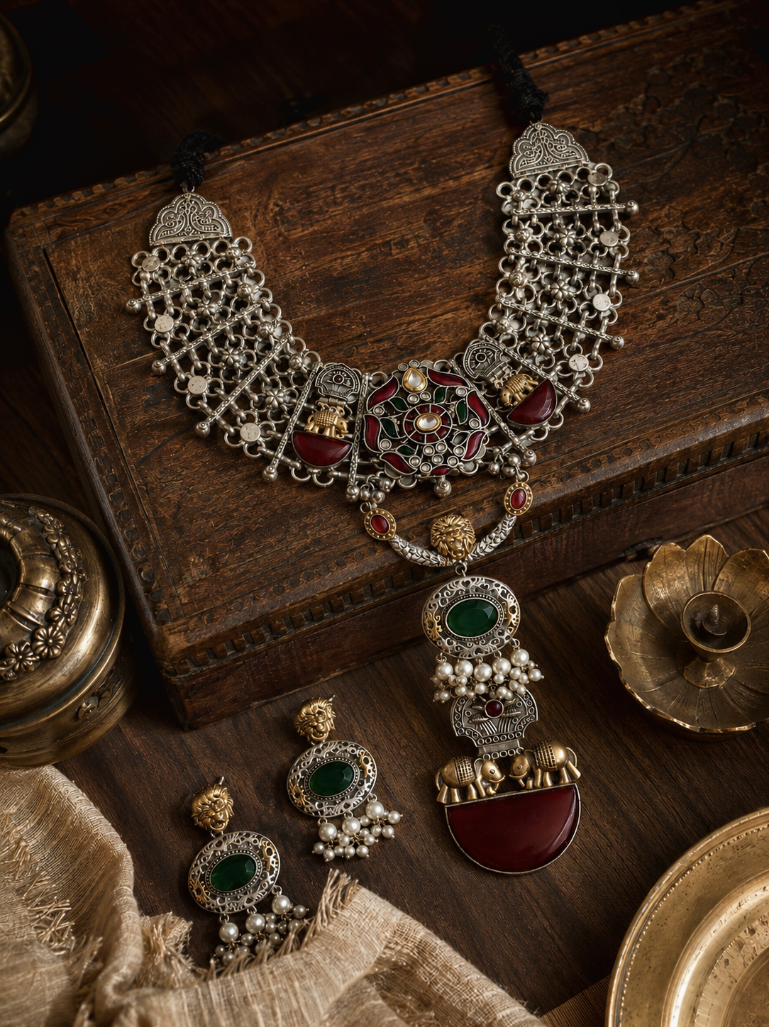 Beautiful Designer Kempstone & Stone Embedded Dual Tone Long Pendant Jaal Neckpiece With Earrings