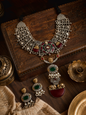 Beautiful Designer Kempstone & Stone Embedded Dual Tone Long Pendant Jaal Neckpiece With Earrings