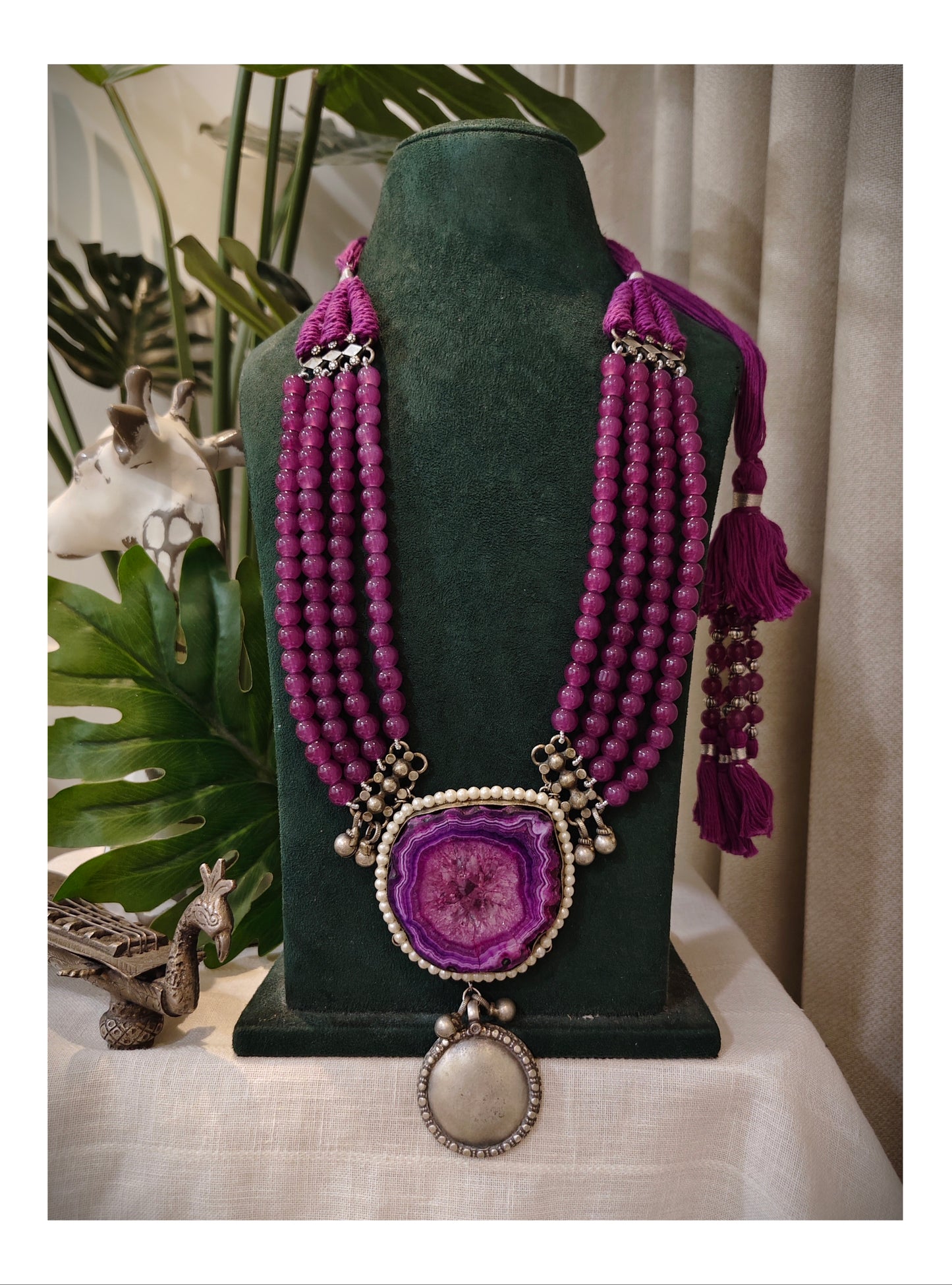 Beautiful Designer Natural Stone Pendant With Japanese Glass Beads Long Necklace