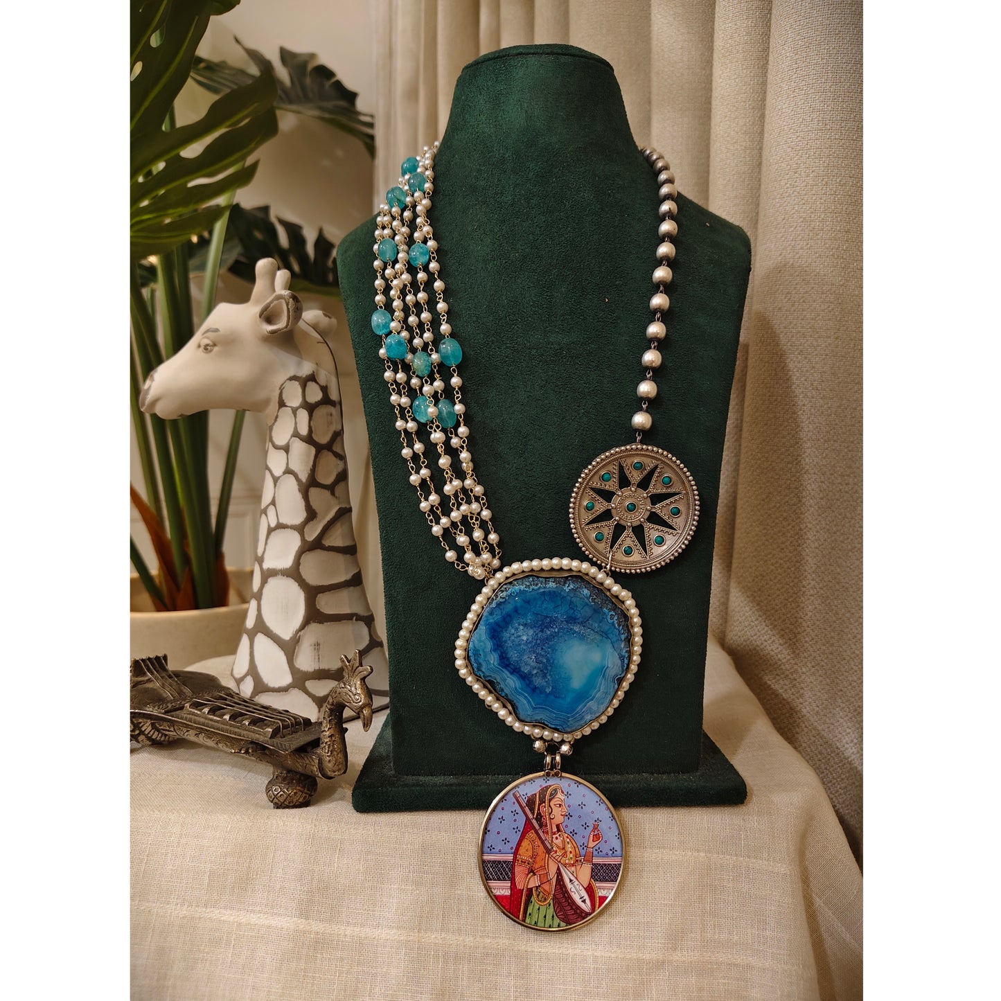 Beautiful Designer Painting & Natural Stone Pendant Stylish Mala Long Necklace