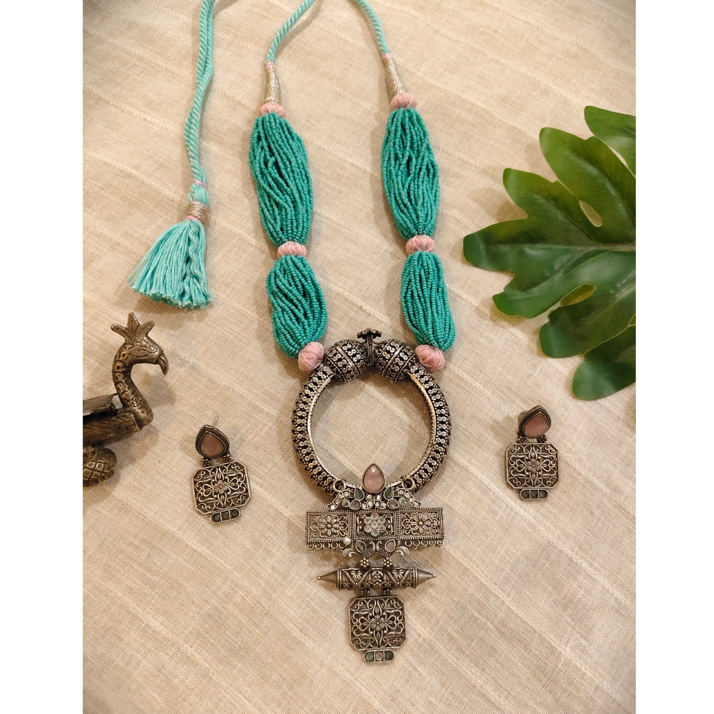 Beautiful Designer Brass Stone Embedded Pendant With Handmade Chidd Gutchha Mala And Earrings