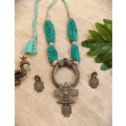 Beautiful Designer Brass Stone Embedded Pendant With Handmade Chidd Gutchha Mala And Earrings