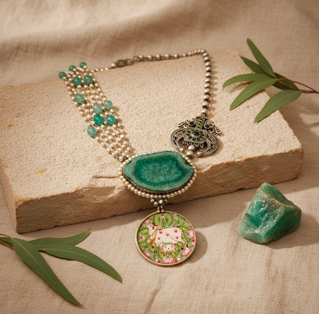 Beautiful Designer Painting & Natural Stone Pendant Stylish Mala Long Necklace