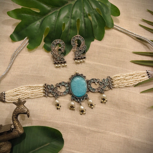 Beautiful Designer Peacock Stone Embedded Choker With Earrings