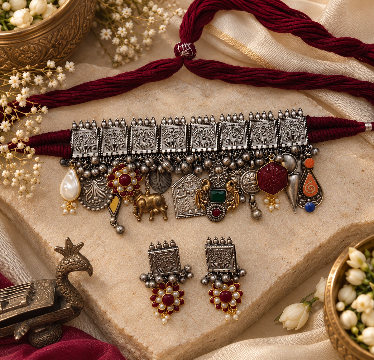Beautiful Designer Charms Mix Statement Choker With Earrings
