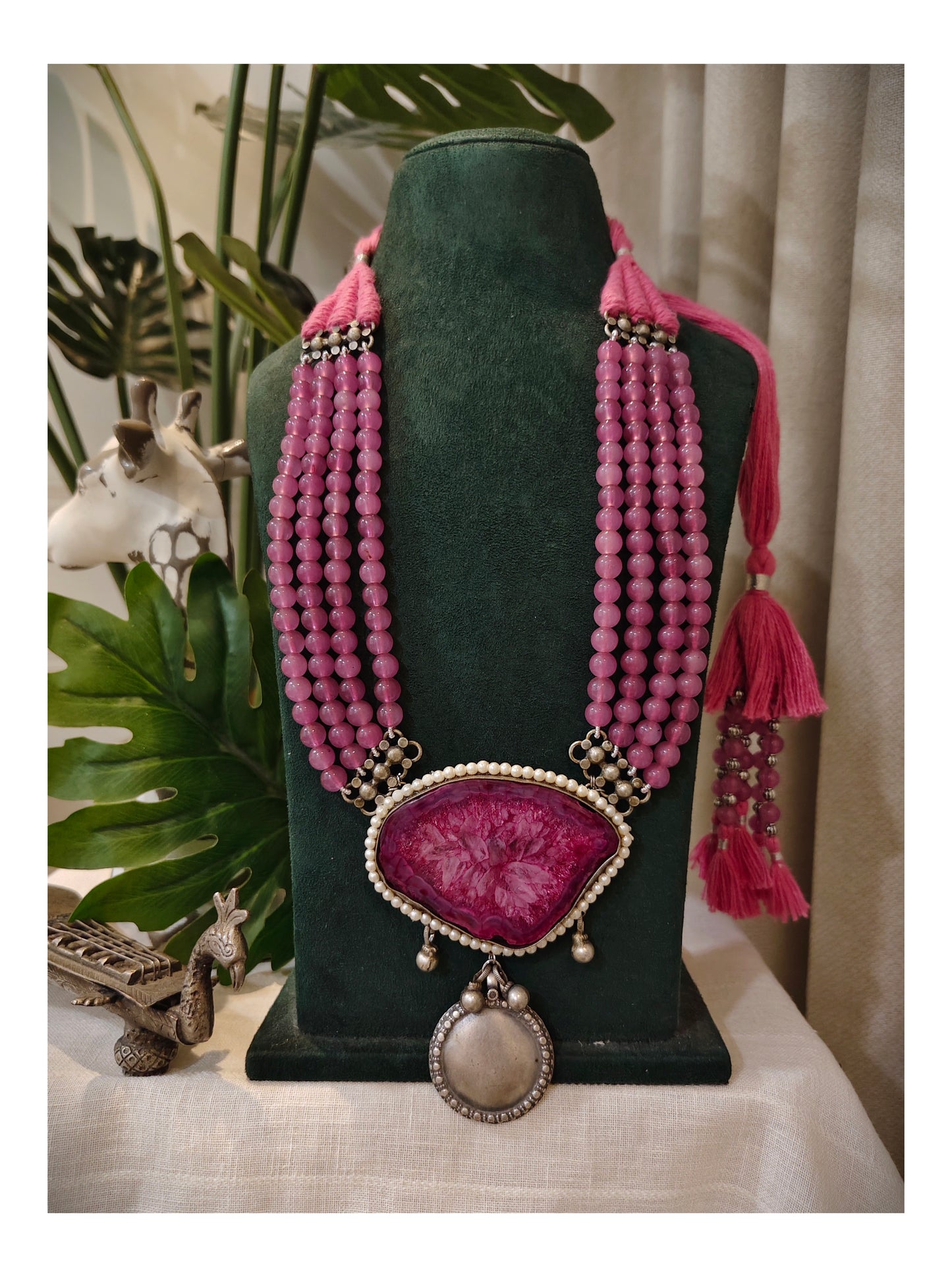 Beautiful Designer Natural Stone Pendant With Japanese Glass Beads Long Necklace