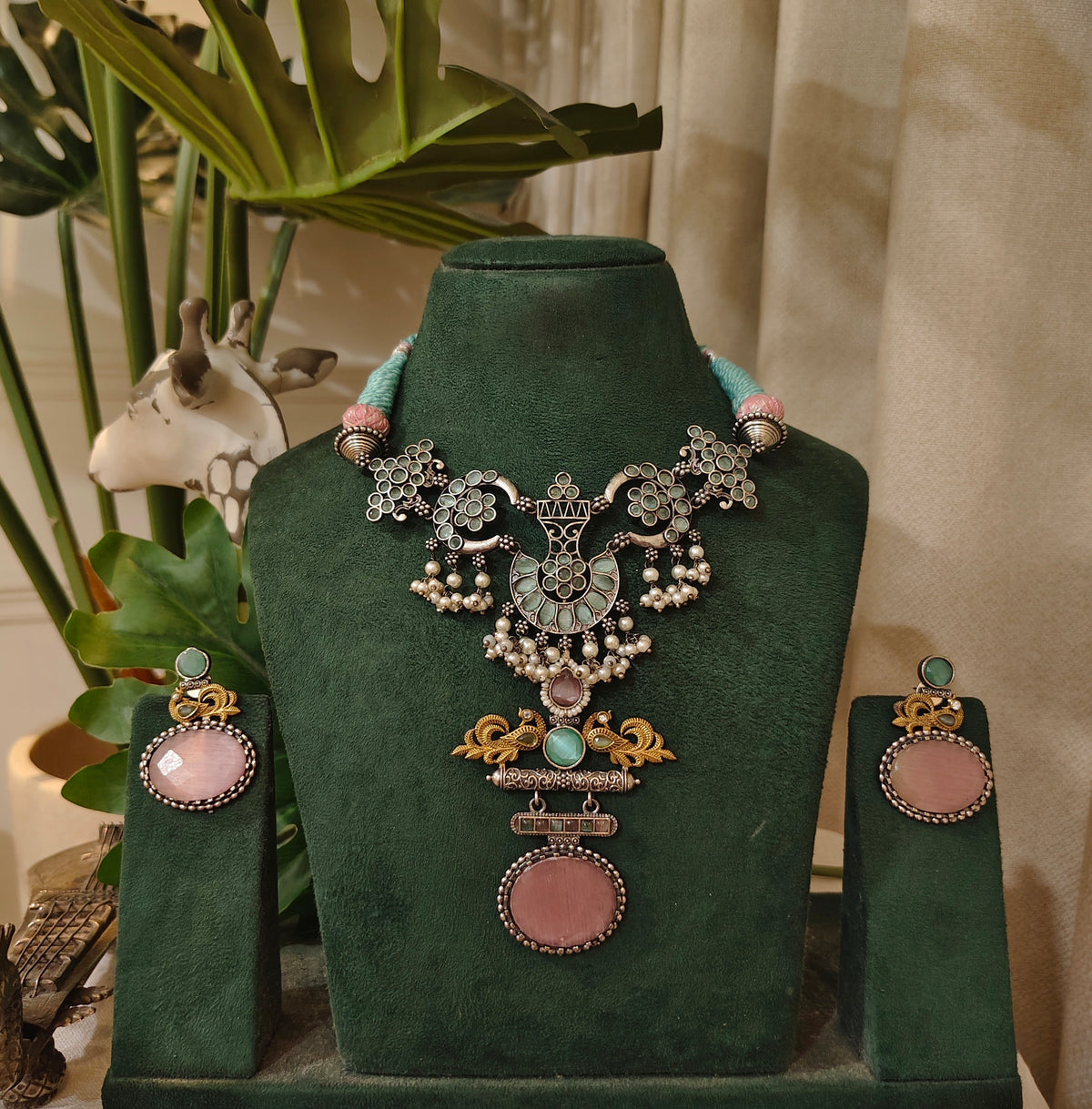 Beautiful Designer Stone Embedded Peacock Pendant Neckpiece With Earrings