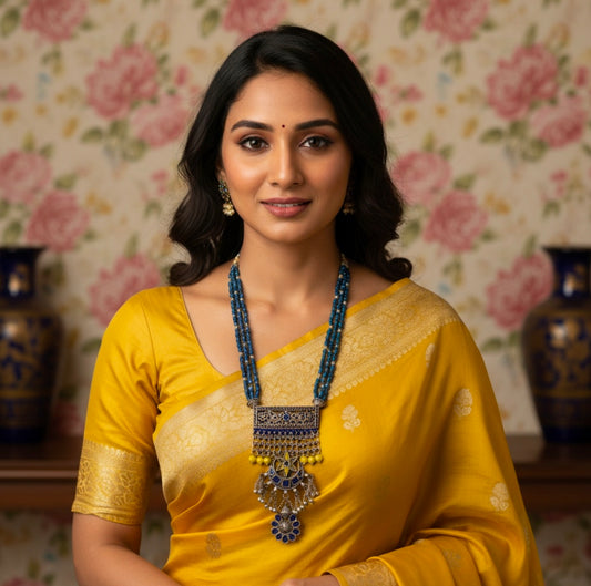 Beautiful Designer Stone Embedded & Glass Pendant Long Beaded Mala Necklace (No Earrings)