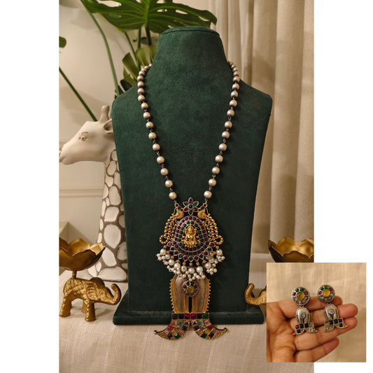 Beautiful Designer Dual Tone Stone Embedded Pendant Necklace With Earrings