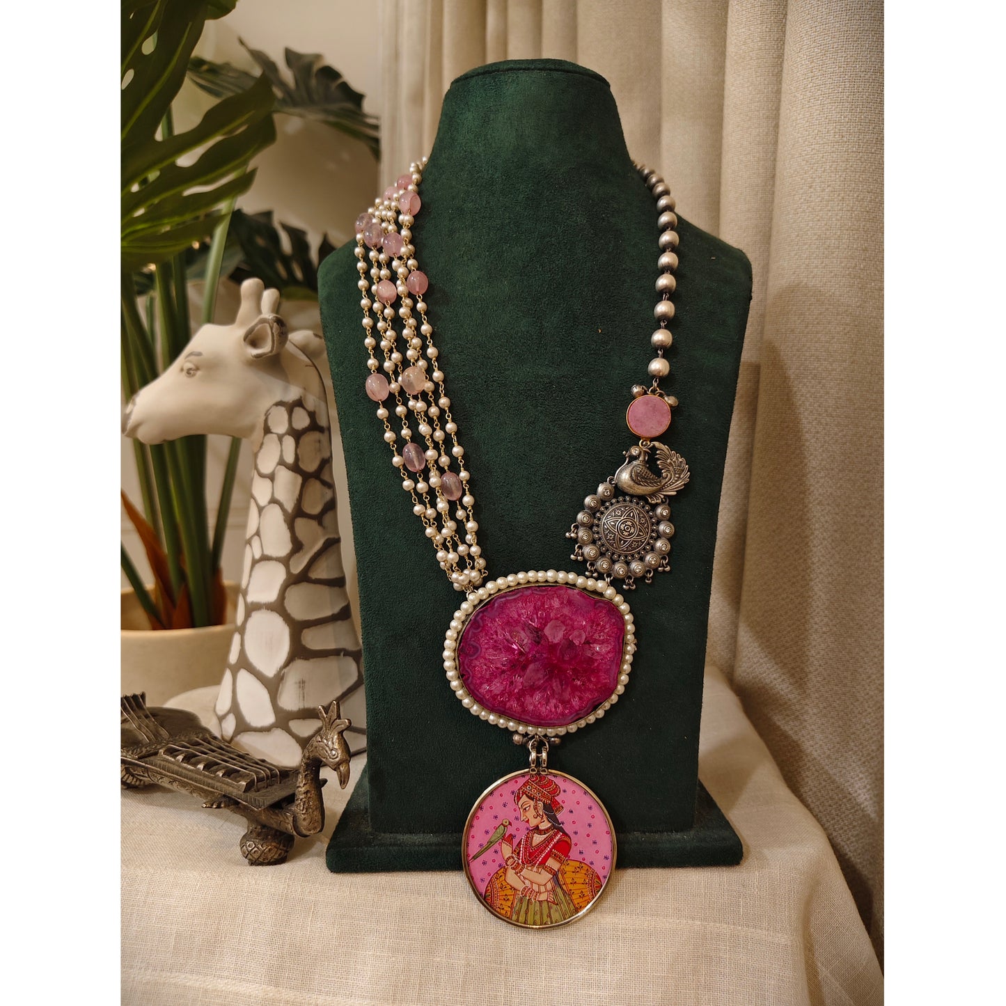 Beautiful Designer Painting & Natural Stone Pendant Stylish Mala Long Necklace