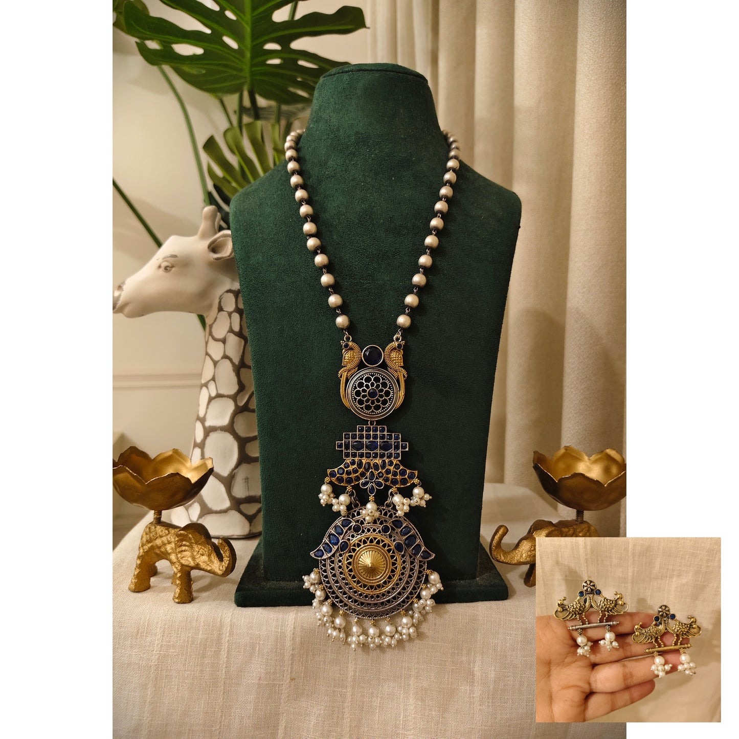 Beautiful Designer Dual Tone Stone Embedded Pendant Necklace With Earrings