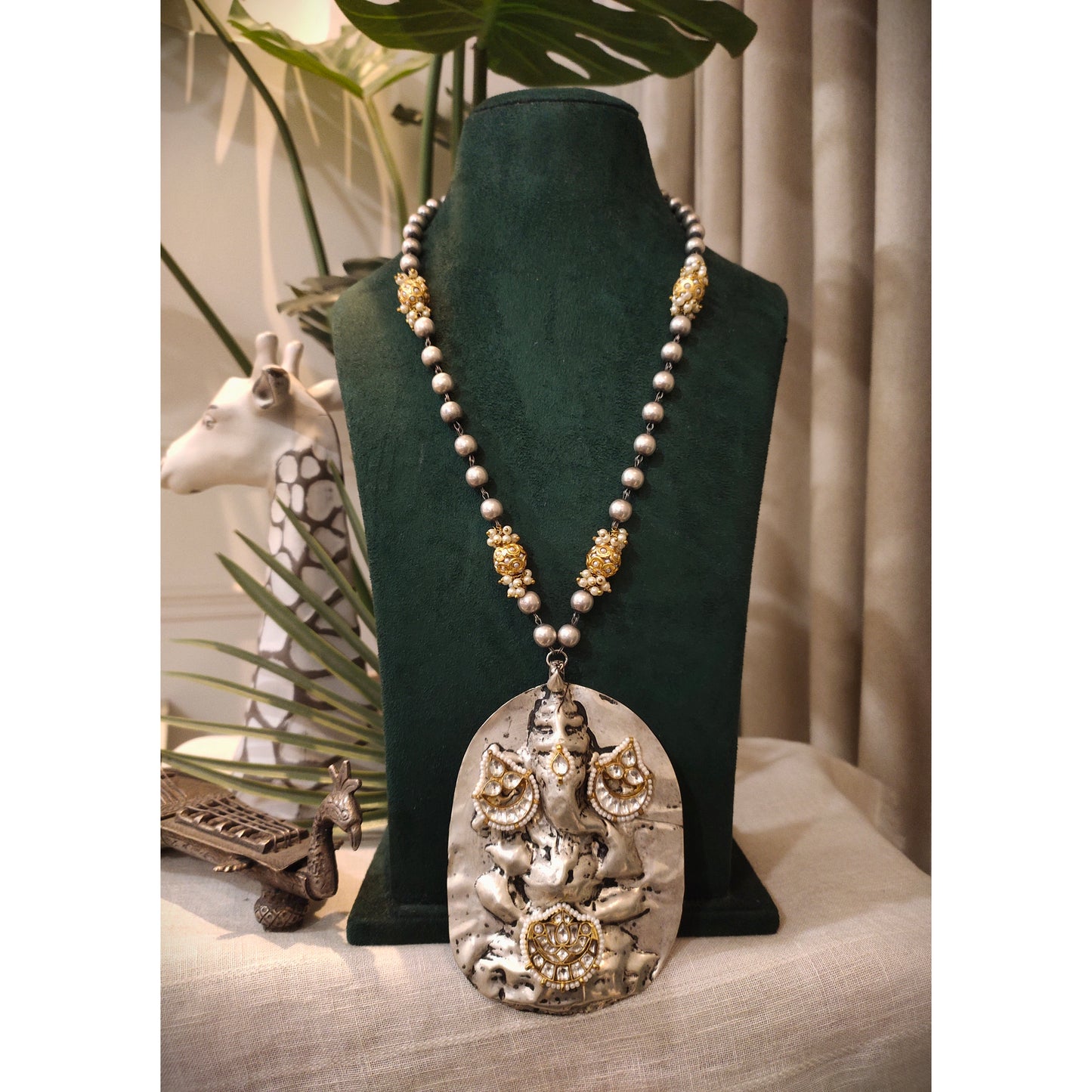 Beautiful Designer Thappa Work Pendant With Kundan Detailing Long Ball Chain Necklace