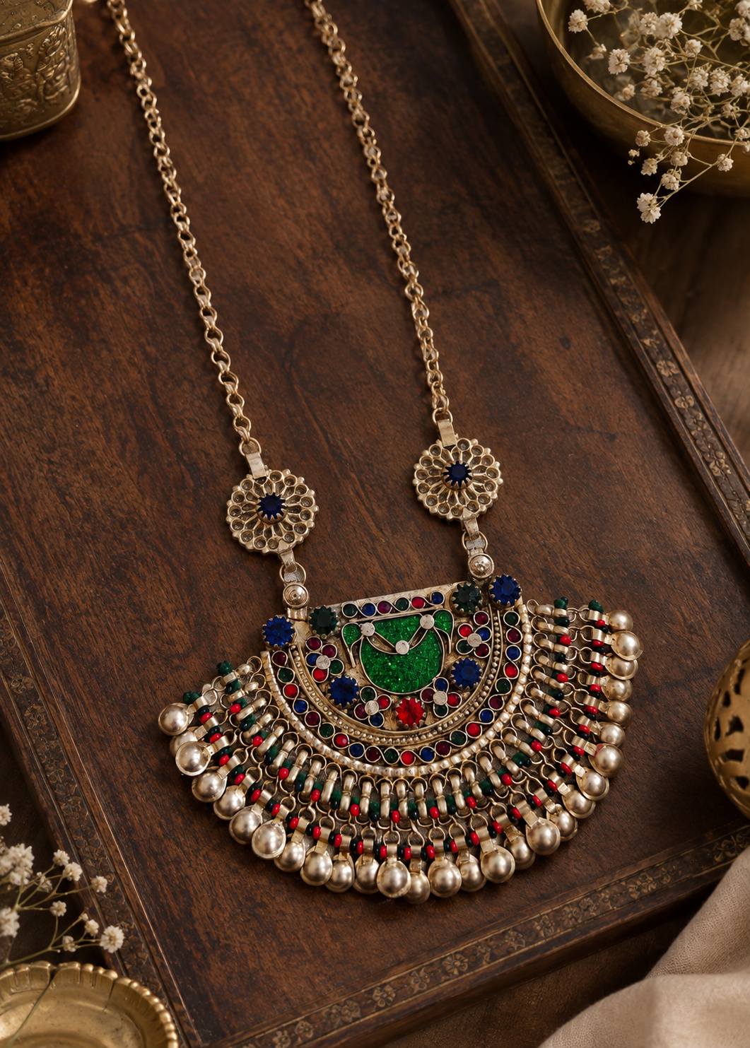 Beautiful Vintage Afghani Chaand Stone Embedded Pendant Necklace